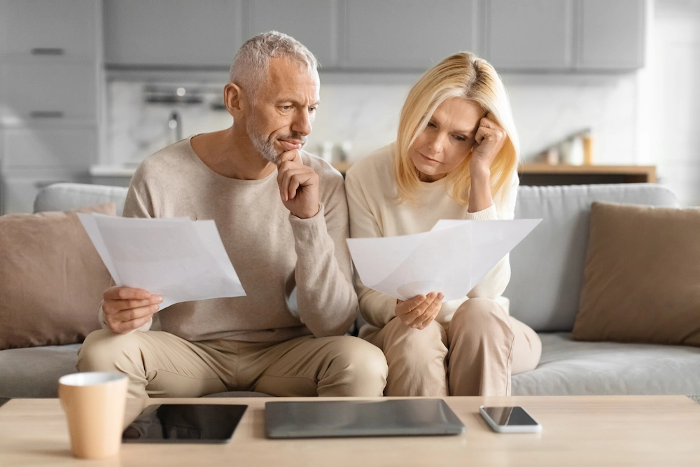 Concerned middle-aged couple reviewing documents together